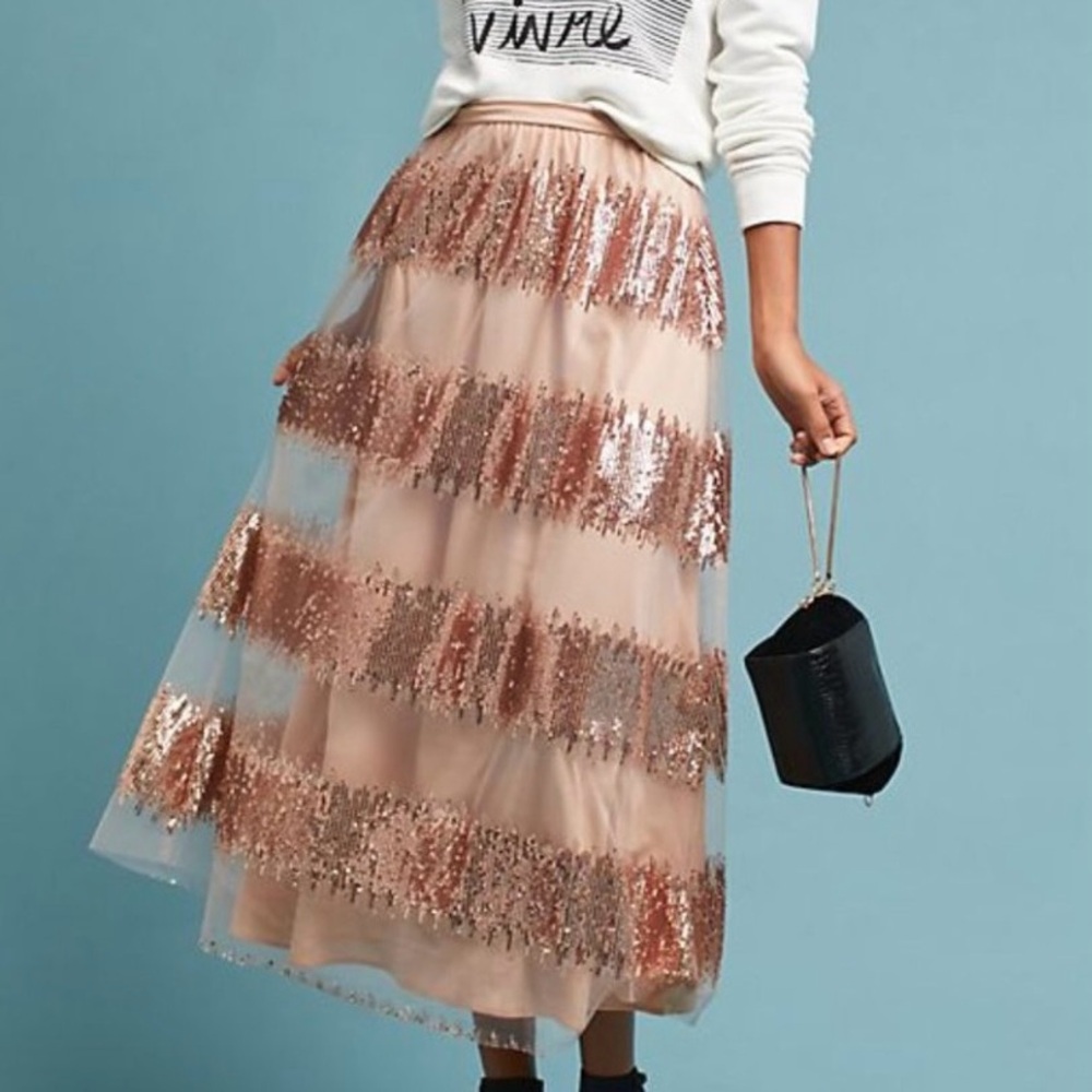 🆕 Anthropologie Eva Franco Blush Rose Sequin Tulle Maxi Skirt - Picture 8 of 10